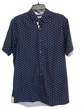 Fried Denim Men's Slim Fit Short Sleeve Button Down Shirt Navy Blue Size Mediun